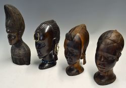 4x Wooden Tribal Heads hand carved female sculptures, various sizes, one with jewellery, one has