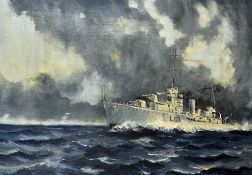 Apparent H.M.S Badsworth Painting oil on board with Frank Watson Woods in pen to the reverse,