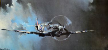 Large Spitfire Colour Print by Barrie. A.F. Clark frame, measures 110 x 62cm approx.