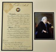 Queen Victoria Autographed Order of Saint Michael & Saint George Certificate: Boldly signed to top