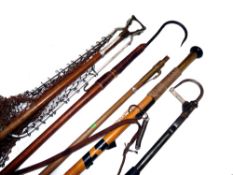 ACCESSORIES: (5) Hardy combined bamboo handle wading staff/boat hook, 52