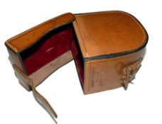 REEL CASE: Fine Hardy block leather fly reel case, red baize lined, internally measures 4.25
