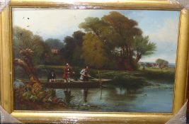 POSTER: Alexander Frederick Rolfe poster, three anglers fishing on punt in river scene, framed &