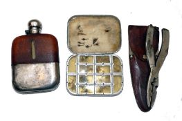 ACCESSORIES: (3) Pewter and leather hip flask, impressed 