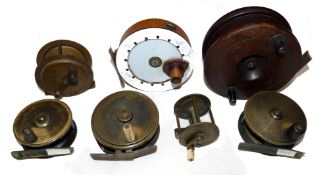 REELS: (7) Early brass wide drum crank wind winch, 1.75