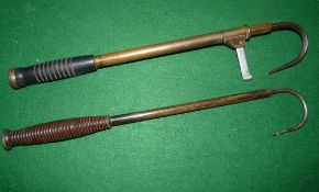 GAFFS: (2) Early single draw Victorian brass extending gaff, turned wood handle, steel point, oval