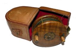REEL & CASE: (2) Fine condition D Slater Patent 4168 mahogany/brass combination Nottingham reel, 4.