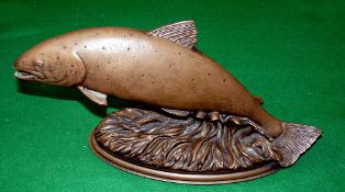 DAVID HUGHES BRONZE SCULPTURE: David Hughes limited edition bronze sculpture of a leaping salmon,