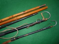 ACCESSORIES: (5) A Hardy extending 2 draw salmon gaff with rubber grip &brass belt clip, a 3 draw