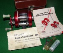 REEL: Abu Record Ambassadeur 5000 red multiplier reel, 4 screw, grooved end plates, grey spool core,