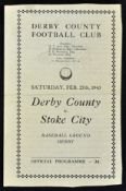 War time 1942/1943 Derby County v Stoke City football programme for Football League war cup dated 27