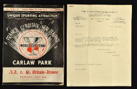 Rare 1957 New Zealand v Combined Gt Britain and France preliminary Rugby League World Cup signed