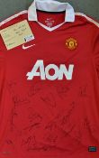 Manchester United 2010 Multi-Signed Football Shirt signatures include Jones, Wellbeck, Cleverley,