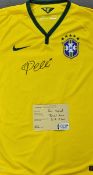 2014 Pele Signed Brazil Football Shirt replica with 5 Stars above the badge, short sleeve, size L,