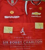 Bryan Robson and Bobby Charlton Signed Manchester United Football Shirts includes Sir bobby Charlton