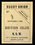 Rare 1950 British Lions vs New South Wales rugby programme played in Newcastle on 2nd September