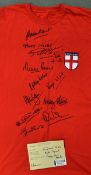 1966 England Multi-Signed Football Shirt a red long sleeve replica shirt, includes Banks, Stiles,