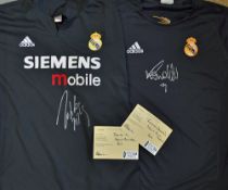 Roberto Carlos and Ronaldo (Brazil) Signed Real Madrid Football Shirts away black strips, short