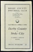 War time 1942/1943 Derby County v Stoke City football programme dated 17 April 1943, 4 pages. Fair-