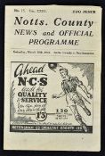 War time 1943/1944 Notts. County v Northampton Town football programme dated 18 March 1944, 4 pages.