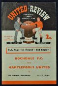 1958/1959 FA Cup 2nd Replay match at Old Trafford football match programme Rochdale v Hartlepools