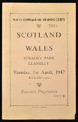 Scarce 1947 Wales v Scotland Services rugby programme - played at Llanelli on Tuesday 1st April