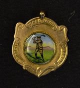 9ct gold and enamel golfing medal with enamel centre decorated with golfer hallmarked Birmingham