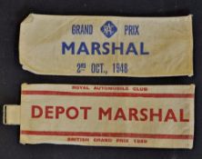 1948 and 1949 Grand Prix Marshalls Armbands includes 1948 Grand Prix RAC Marshall dated 2nd Oct