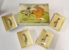 Scarce Royal Doulton Bateman Golfing Series Ware pot c/w 4 pins trays - the lid decorated with 