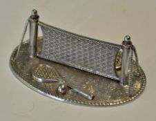 Continental Silver Knife Rest with centre net, ball and racket laid either side, measures 6.5cm