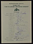 1975 Australian Cricket World Cup Tour to Canada and UK Signed Team Sheet with players such as