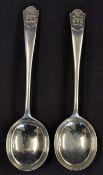 Pair large silver golf club spoons c.1935 - with embossed golfing finials with clubs initials 