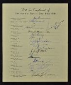 1948 Australian 'Invincibles' Signed Team Sheet Tour to Great Britain with a fully signed
