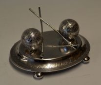 Vic silver plated golfing inkwell desk set - comprising pair of crossed long nose golf club pen