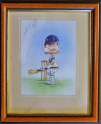Courtney Walsh Signed Cricket Caricature Print of a nervous looking batsman, mounted and framed,