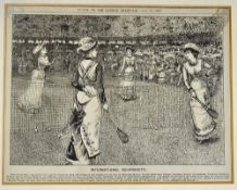 Early Tennis Engraving hand coloured c.1886 entitled 'Winter at Taranaki, New Zealand', framed and