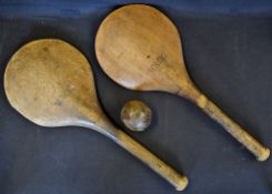 Pair of Nicoll's Champion wooden stool bats and leather hand stitched ball - both bats stamped on