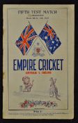 1929 'Empire Cricket' Australia v England Publication for the Fifth Test Match at Melbourne date