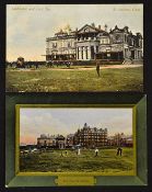 2x early St Andrews coloured golfing postcards both of the Clubhouse 1st Tee - one used and dated