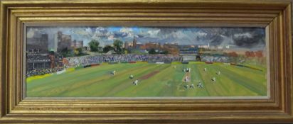 Sheree Valentines-Daines Cricket Oil Painting 1985 Ashes 4th Test Old Trafford - framed, measuring