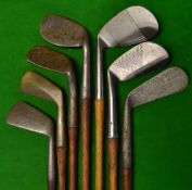 7x Assorted Irons to include 2x Wing backed Smiths patent anti-shank 'Billy' Niblick, a Mitchells of