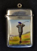1928 Silver and enamel golfing vesta - one enamel panel featuring a golfer and the other engraved