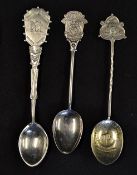 3x interesting Golf Club silver golfing teaspoons to include the Royal Hong Kong Golf Club c.1930,