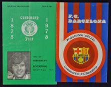 1975/1976 UEFA Cup Hibernian v Liverpool football programme date 17 September, plus Barcelona v
