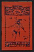 1935/1936 Arsenal v Leeds United match programme final match of the season. Fair-Good.