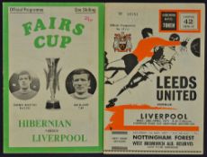 1970/1971 Fairs Cup Hibernian v Liverpool football programme plus Leeds Utd v Liverpool, Fairs Cup
