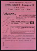 1974/1975 ECWC Stromgodset IF v Liverpool football programme dated 1 October, 4 page issue. Good.
