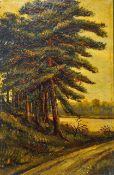 Attributed Adolf Hitler painting - depicts a rural lakeside scene, with a track in the foreground