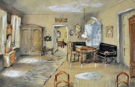 1876 German Water Colour depicting an elegant room, to the reverse text 'Wohnzimmer', Tilsit to