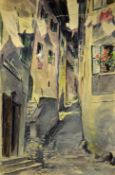 Attributed to Adolf Hitler Artwork - Altes Dorf, shows a steep ascending, narrow street in an old